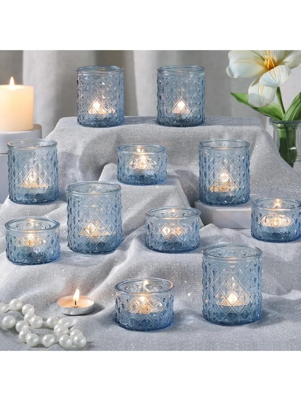 20 Blue Glass Votive Candle Holders - Bulk Tea Light Holders for Home Decor